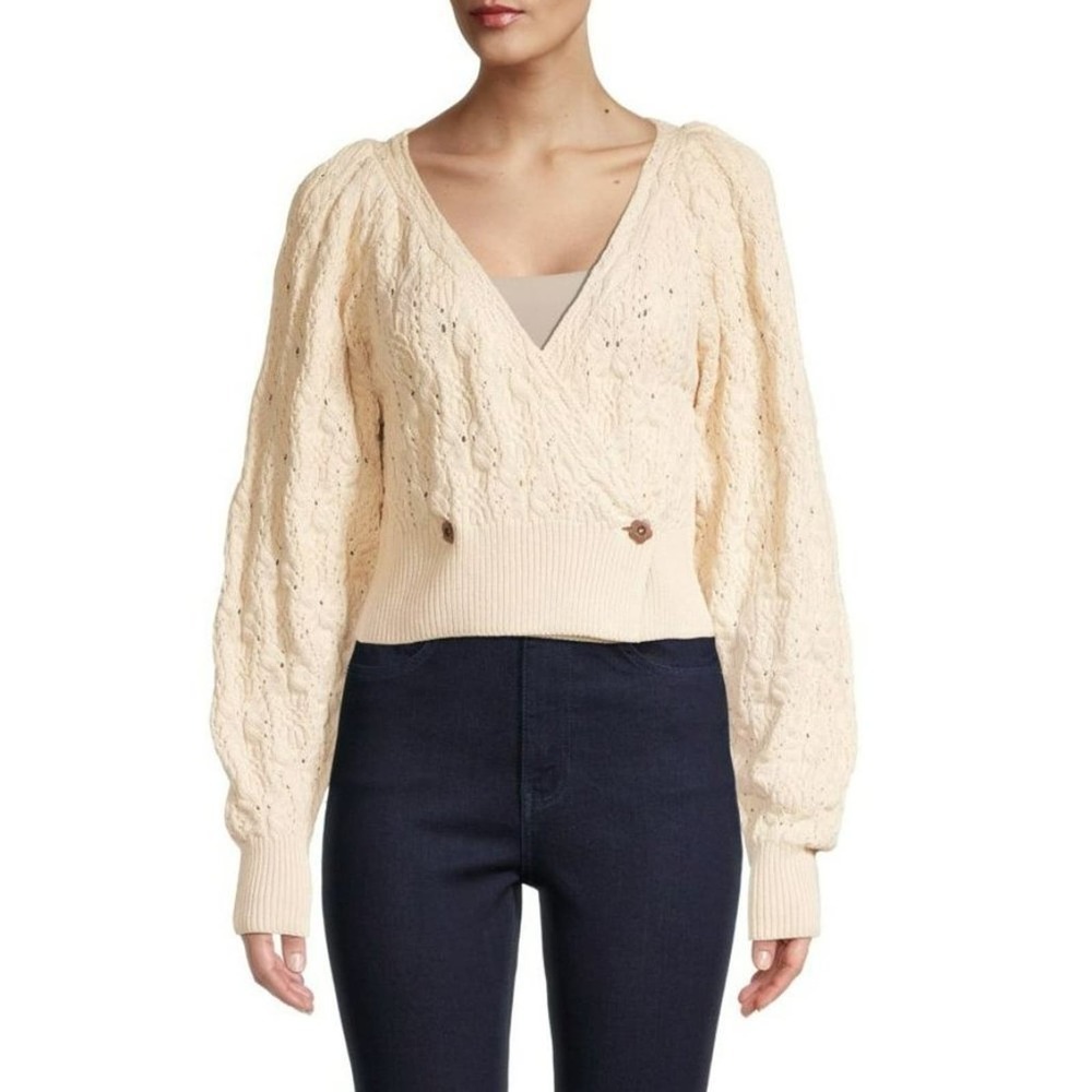 FREE People Olive You Butterfly-Knit Relaxed Fit Crop Faux Wrap Cardigan Size S - Picture 1 of 6